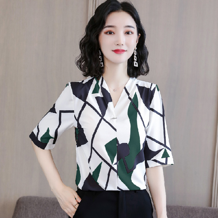 Ropa De Mujer Ljetna nova bluza od šifona Ženska košulja s nepravilnim tiskom s V izrezom i kratkim rukavima s geometrijskim uzorkom 9772