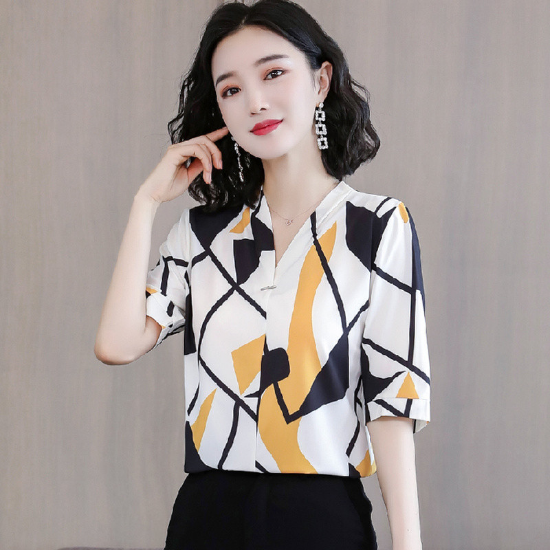 Ropa De Mujer Ljetna nova bluza od šifona Ženska košulja s nepravilnim tiskom s V izrezom i kratkim rukavima s geometrijskim uzorkom 9772