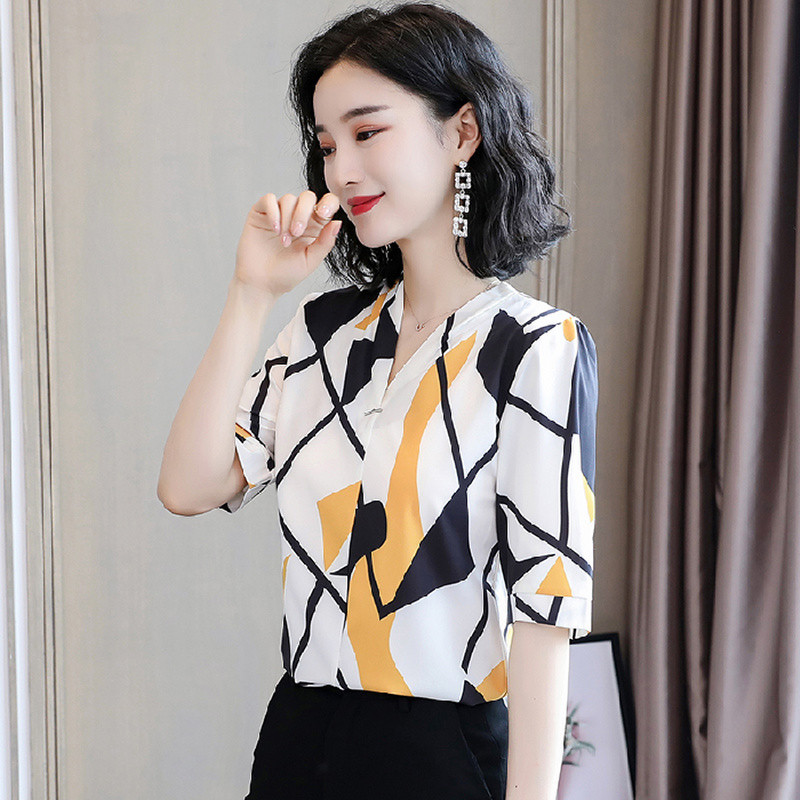 Ropa De Mujer Ljetna nova bluza od šifona Ženska košulja s nepravilnim tiskom s V izrezom i kratkim rukavima s geometrijskim uzorkom 9772