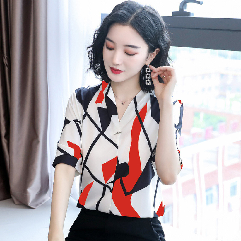 Ropa De Mujer Ljetna nova bluza od šifona Ženska košulja s nepravilnim tiskom s V izrezom i kratkim rukavima s geometrijskim uzorkom 9772