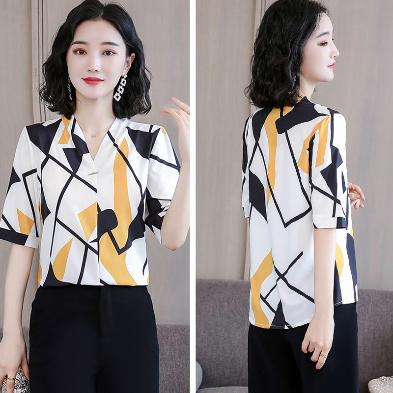 Ropa De Mujer Ljetna nova bluza od šifona Ženska košulja s nepravilnim tiskom s V izrezom i kratkim rukavima s geometrijskim uzorkom 9772