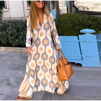 Ženske maksi haljine s geometrijskim printom, ljetne, dugih rukava, V izrez, kauzalne haljine, modni ženski vintage boho ogrtač za plažu