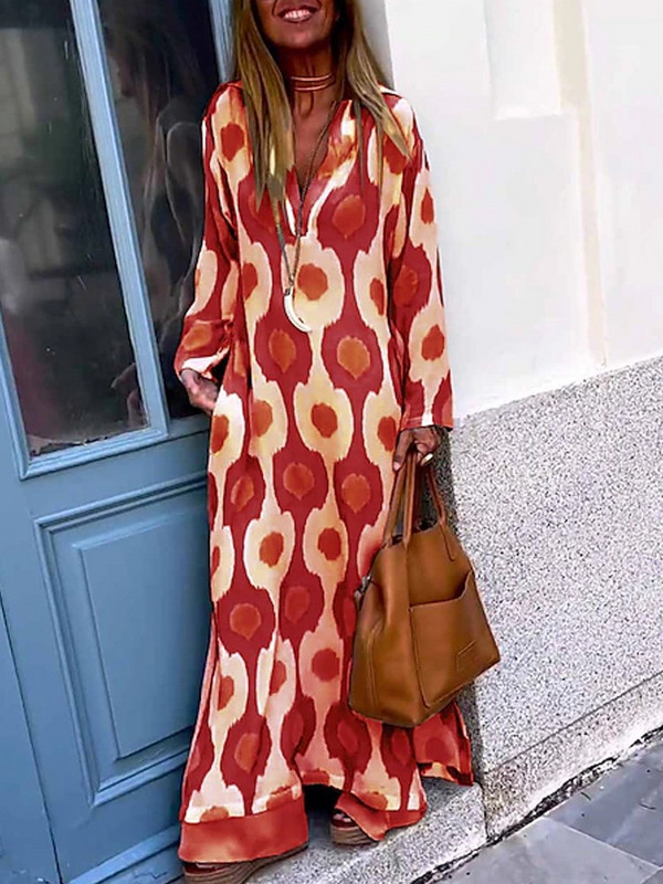 Ženske maksi haljine s geometrijskim printom, ljetne, dugih rukava, V izrez, kauzalne haljine, modni ženski vintage boho ogrtač za plažu