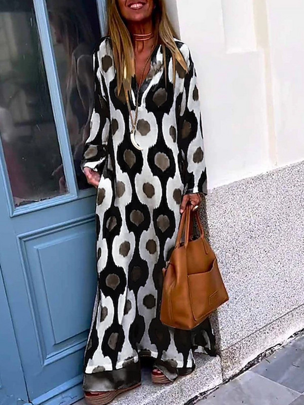 Ženske maksi haljine s geometrijskim printom, ljetne, dugih rukava, V izrez, kauzalne haljine, modni ženski vintage boho ogrtač za plažu