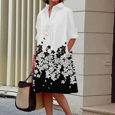 Toamnă nouă rochie cămașă simplă ocazional culoare solidă mâneci lungi modă guler răsturnat elegant buzunar streetwear rochii pentru femei