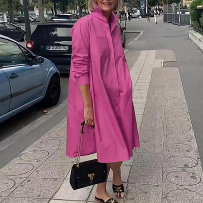 Toamnă nouă rochie cămașă simplă ocazional culoare solidă mâneci lungi modă guler răsturnat elegant buzunar streetwear rochii pentru femei