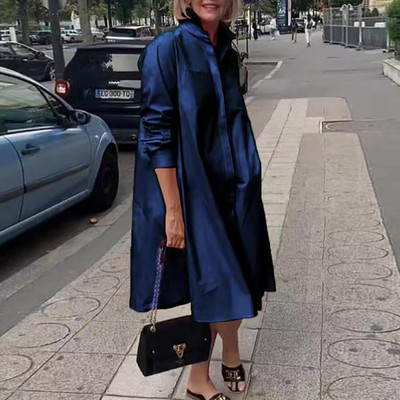 Toamnă nouă rochie cămașă simplă ocazional culoare solidă mâneci lungi modă guler răsturnat elegant buzunar streetwear rochii pentru femei