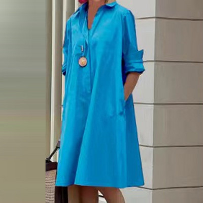 Toamnă nouă rochie cămașă simplă ocazional culoare solidă mâneci lungi modă guler răsturnat elegant buzunar streetwear rochii pentru femei