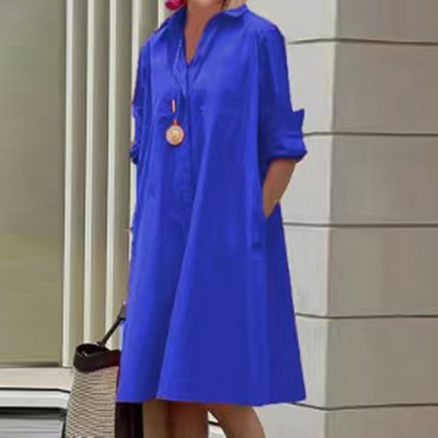 Toamnă nouă rochie cămașă simplă ocazional culoare solidă mâneci lungi modă guler răsturnat elegant buzunar streetwear rochii pentru femei