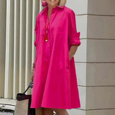 Toamnă nouă rochie cămașă simplă ocazional culoare solidă mâneci lungi modă guler răsturnat elegant buzunar streetwear rochii pentru femei