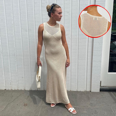 Καλοκαιρινό πλεκτό μάξι φόρεμα για γυναίκες Hollow out See Through μακρυμάνικο Slim κομψό σέξι φορέματα Club Party Beach Dress Casual