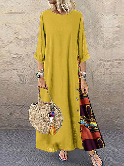 Rochie maxi model boho cu mâneci 3/4 pentru femei, cu imprimeu vintage, rochie lungă supradimensionată, ocazională, Harajuku, cu decolteu în formă de rochie, rochie elegantă.