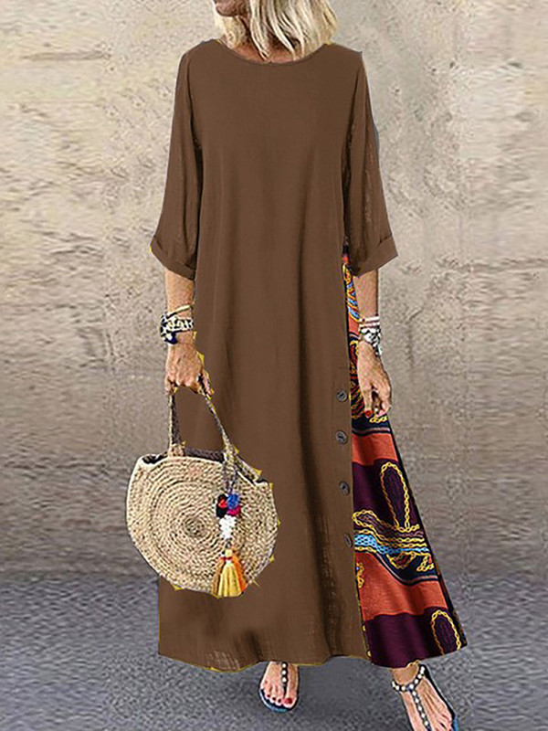 Rochie maxi model boho cu mâneci 3/4 pentru femei, cu imprimeu vintage, rochie lungă supradimensionată, ocazională, Harajuku, cu decolteu în formă de rochie, rochie elegantă.