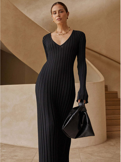 Pletena haljina Ženske duge haljine s V izrezom Ženska jednobojna, elegantna haljina A-kroja punih rukava Jesen Zima Ženski rebrasti maksi ogrtač