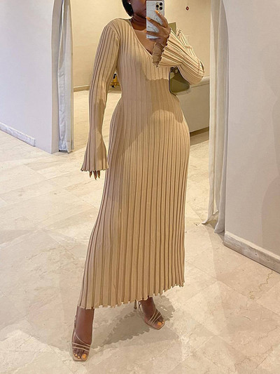 Pletena haljina Ženske duge haljine s V izrezom Ženska jednobojna, elegantna haljina A-kroja punih rukava Jesen Zima Ženski rebrasti maksi ogrtač