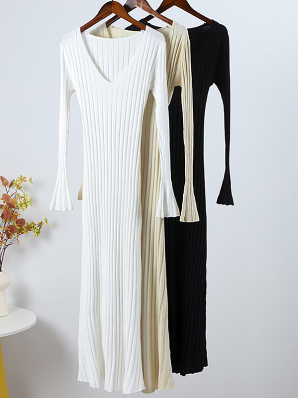 Pletena haljina Ženske duge haljine s V izrezom Ženska jednobojna, elegantna haljina A-kroja punih rukava Jesen Zima Ženski rebrasti maksi ogrtač