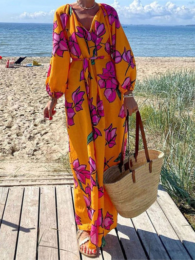 Rochie cu mâneci lungi cu lanternă cu imprimeu de flori, curele pentru femei, cu decolteu în V, cu talie înaltă, cu buzunar, rochii lungi, pentru femei, de vacanță, subțire, pentru club de petrecere.