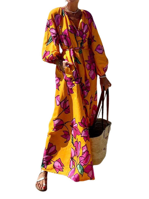 Rochie cu mâneci lungi cu lanternă cu imprimeu de flori, curele pentru femei, cu decolteu în V, cu talie înaltă, cu buzunar, rochii lungi, pentru femei, de vacanță, subțire, pentru club de petrecere.