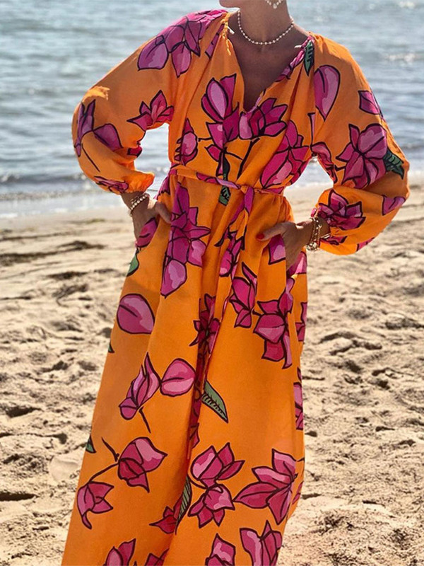 Rochie cu mâneci lungi cu lanternă cu imprimeu de flori, curele pentru femei, cu decolteu în V, cu talie înaltă, cu buzunar, rochii lungi, pentru femei, de vacanță, subțire, pentru club de petrecere.