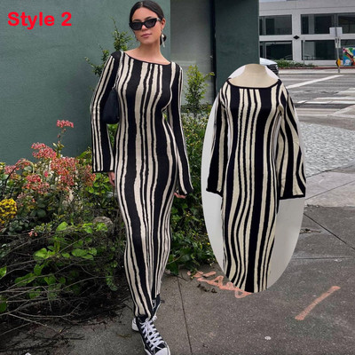 Jesenska pletena maksi haljina Široka haljina dugih rukava za žene Elegantna, seksi izrezana večernja odjeća s valovima za božićnu zabavu