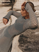 Prugaste pletene pamučne izdubljene haljine s dugim rukavima Ženske prozirne navlake 2023. Zamotane za odmor na plaži Vestidos za stražnjicu