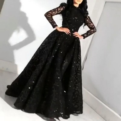 Rochie de femeie 2021 de vară, cu mâneci lungi, cu paiete, extensibilă, elegantă, rochie de petrecere, talie înaltă, leagăn mare, rochii negre, negru