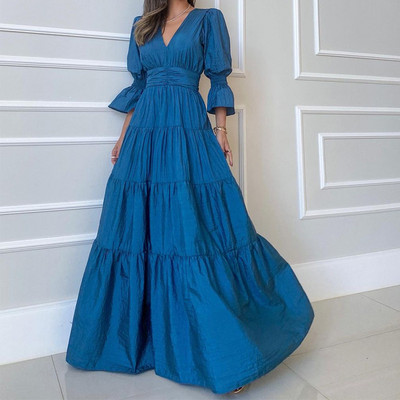 Rochie lungă drapată cu decolteu în V pentru femei, ocazional de primăvară, cu mâneci bufante, 3/4, rochie de petrecere solidă, la modă de vară, rochii maxi cu talie elastică