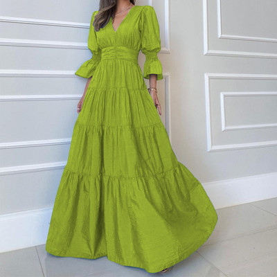 Rochie lungă drapată cu decolteu în V pentru femei, ocazional de primăvară, cu mâneci bufante, 3/4, rochie de petrecere solidă, la modă de vară, rochii maxi cu talie elastică