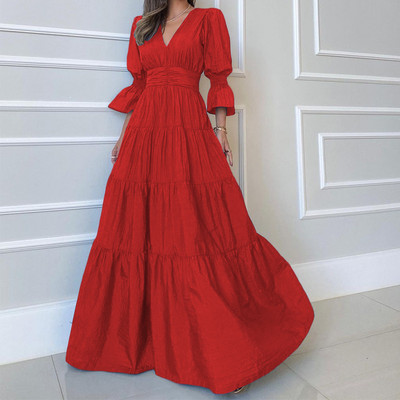 Rochie lungă drapată cu decolteu în V pentru femei, ocazional de primăvară, cu mâneci bufante, 3/4, rochie de petrecere solidă, la modă de vară, rochii maxi cu talie elastică
