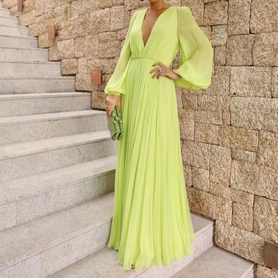 Rochie de birou ocazională, primăvară, vară, modă, rochie de seară cu mânecă lanternă în V adâncă, elegantă, pliată, cu talie înaltă, rochie lungă pentru femei