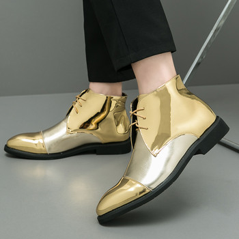 Луксозна марка Мъжки златни високи кожени обувки с остри мъжки парти ботуши за нощен клуб Кожени пънк обувки с високи каишки с остри пръсти