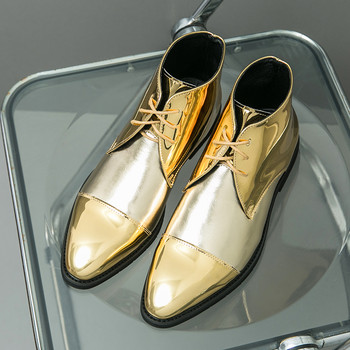Луксозна марка Мъжки златни високи кожени обувки с остри мъжки парти ботуши за нощен клуб Кожени пънк обувки с високи каишки с остри пръсти