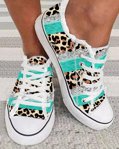 Pantofi de damă, ocazional, plat, îmbrăcăminte zilnică, sport, alergare, contrast, leopard, cu franjuri, adidași cu tiv