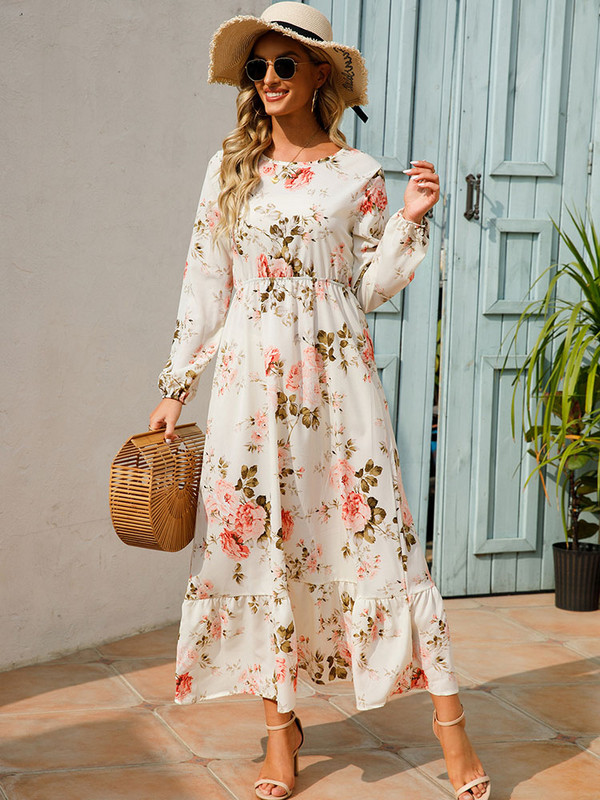 Rochie de damă elegantă cu imprimeu floral de primăvară vară ocazional cu mânecă lungă șifon șifon o linie lungă rochie maxi rochii de petrecere