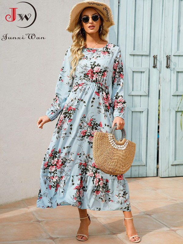 Rochie de damă elegantă cu imprimeu floral de primăvară vară ocazional cu mânecă lungă șifon șifon o linie lungă rochie maxi rochii de petrecere
