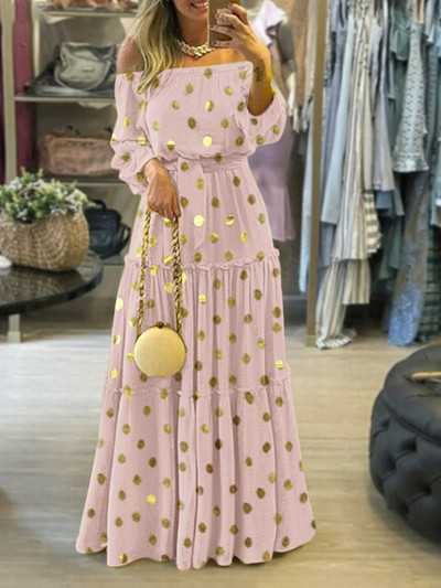 Γυναικείο φαρδύ μάξι φόρεμα μεγάλου μεγέθους Γυναικείο φόρεμα με σέξι κάθετο λαιμό μακριά από τους ώμους Γυναικείο μονόχρωμο βολάν με βολάν Bohemian casual