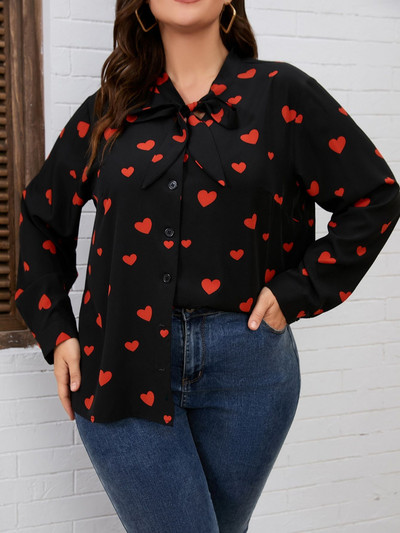 Finjani Ženska bluza velike veličine, mašna s printom srca, gornji dio dugih rukava Ležerna odjeća za jesen Novo
