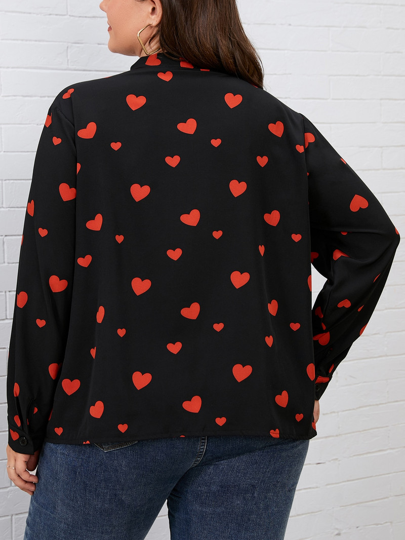 Finjani Ženska bluza velike veličine, mašna s printom srca, gornji dio dugih rukava Ležerna odjeća za jesen Novo