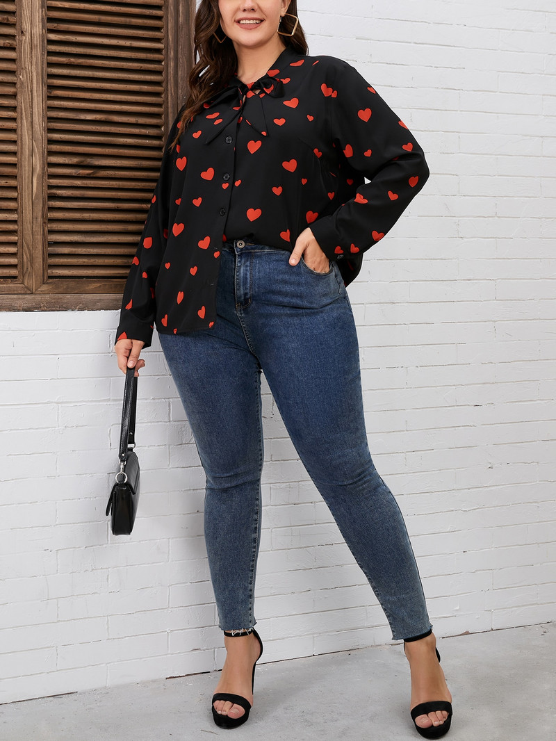 Finjani Ženska bluza velike veličine, mašna s printom srca, gornji dio dugih rukava Ležerna odjeća za jesen Novo