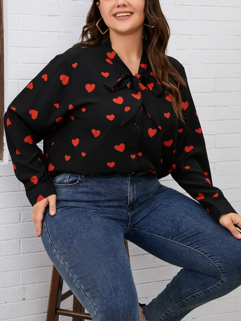 Finjani Ženska bluza velike veličine, mašna s printom srca, gornji dio dugih rukava Ležerna odjeća za jesen Novo