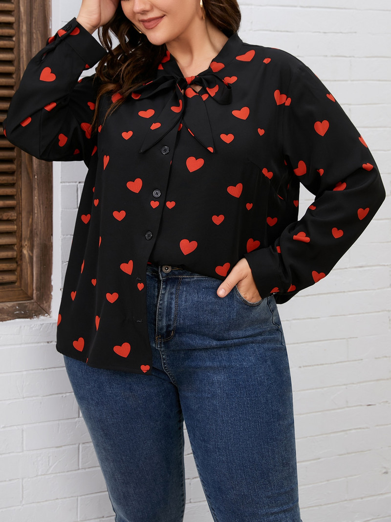 Finjani Ženska bluza velike veličine, mašna s printom srca, gornji dio dugih rukava Ležerna odjeća za jesen Novo