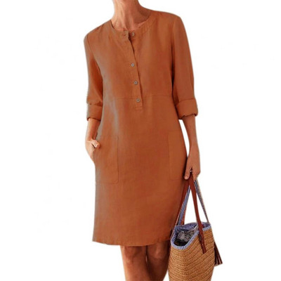 Bumbac In Rochie lejeră până la genunchi Ocazional cu mânecă lungă, cu nasturi, buzunare, Rochie pentru femei