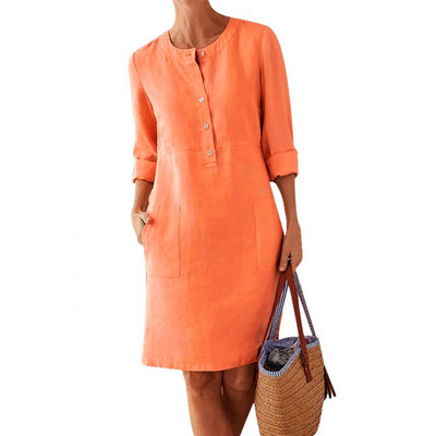 Bumbac In Rochie lejeră până la genunchi Ocazional cu mânecă lungă, cu nasturi, buzunare, Rochie pentru femei