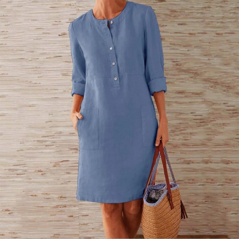 Bumbac In Rochie lejeră până la genunchi Ocazional cu mânecă lungă, cu nasturi, buzunare, Rochie pentru femei