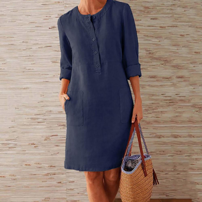 Bumbac In Rochie lejeră până la genunchi Ocazional cu mânecă lungă, cu nasturi, buzunare, Rochie pentru femei