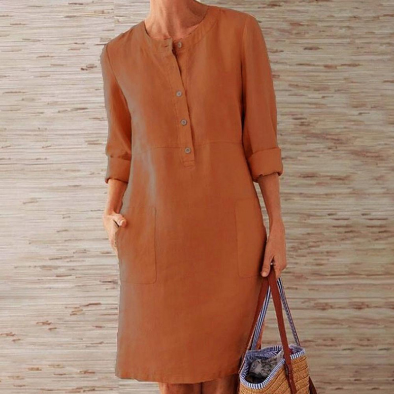 Bumbac In Rochie lejeră până la genunchi Ocazional cu mânecă lungă, cu nasturi, buzunare, Rochie pentru femei