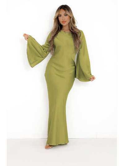 Sievietēm eleganta vienkrāsains satīna maxi kleita, moderna uzliesmojošām piedurknēm ar augstu vidukli, gari izlaiduma halāti 2023. gada jauni sieviešu eleganti High Street Vestidos