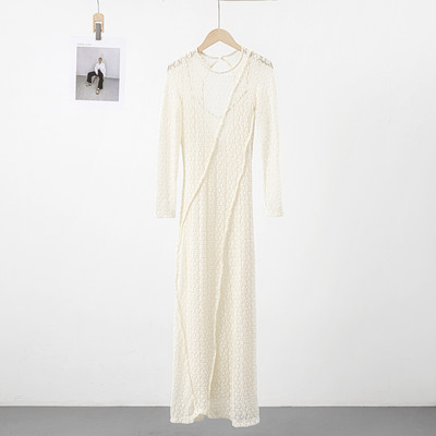 Γυναικείο φόρεμα πλεκτό κούφιο έξω πλισέ μακρυμάνικο κομψά λεπτά γυναικεία φορέματα 2023 Φθινόπωρο Midi Fashion Party Lady Robe