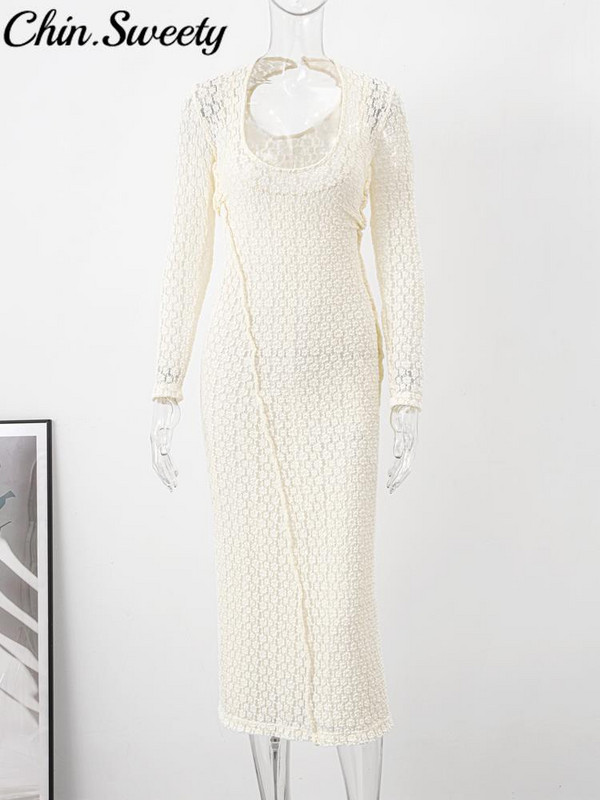 Γυναικείο φόρεμα πλεκτό κούφιο έξω πλισέ μακρυμάνικο κομψά λεπτά γυναικεία φορέματα 2023 Φθινόπωρο Midi Fashion Party Lady Robe