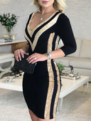 Rochie bodycon cu bandă cu dungi de culoare contrastantă Rochie de petrecere cu mânecă lungă, sexy, cu decolteu în V